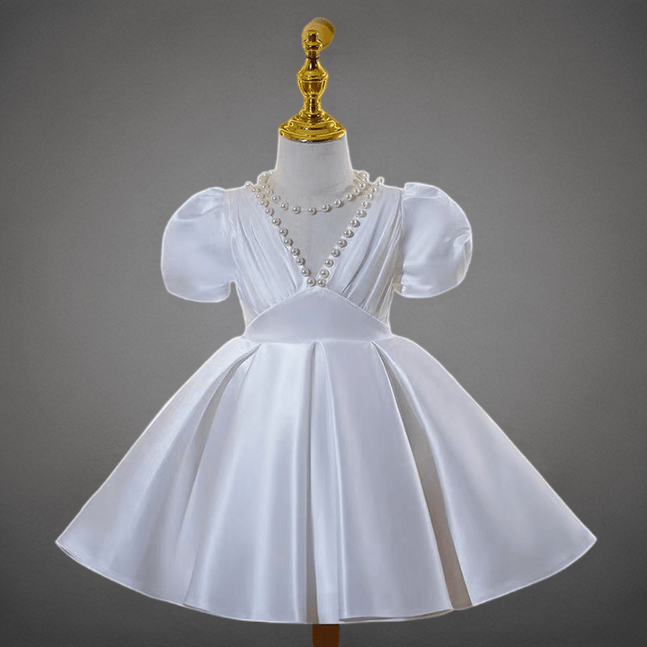 Ivory Pearl Satin Flower Girl Dress for Wedding – Puff Sleeve Plus Size - WonderlandByLilian