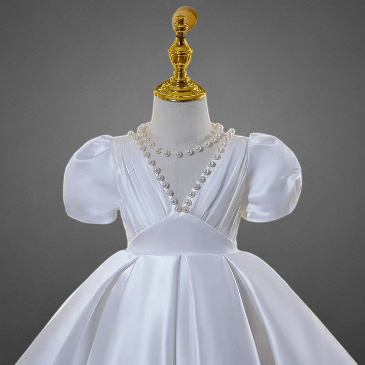 Ivory Pearl Satin Flower Girl Dress for Wedding – Puff Sleeve Plus Size - WonderlandByLilian