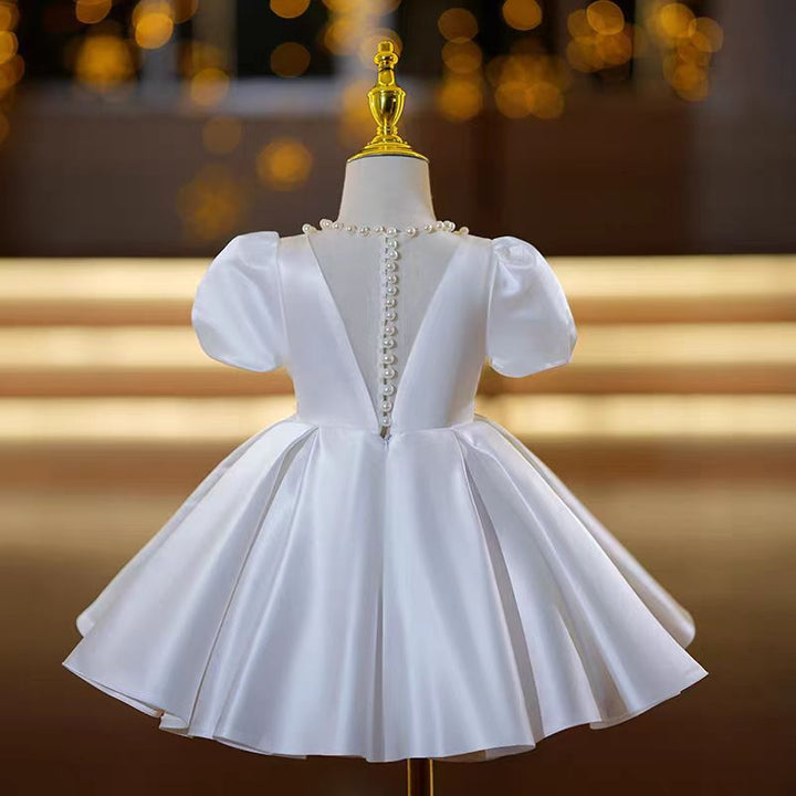 Ivory Pearl Satin Flower Girl Dress for Wedding – Puff Sleeve Plus Size - WonderlandByLilian