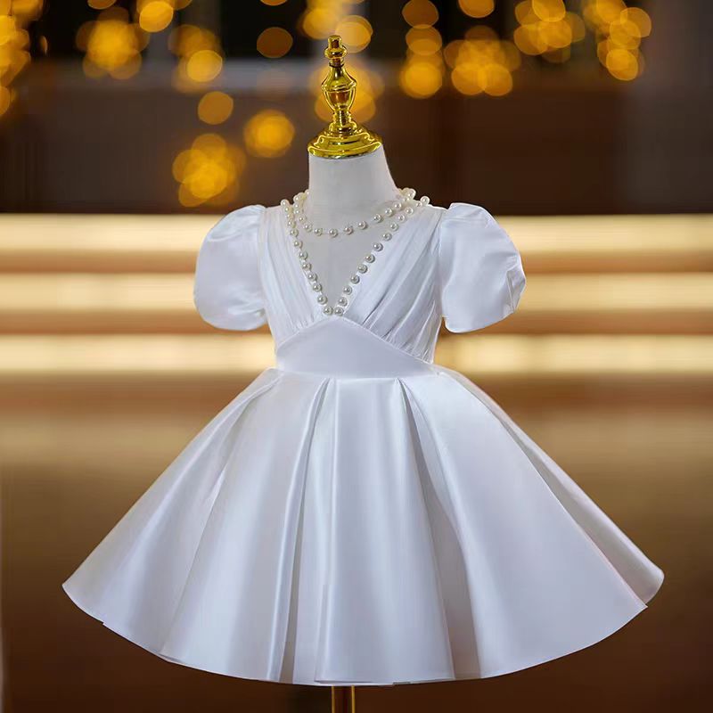 Ivory Pearl Satin Flower Girl Dress for Wedding – Puff Sleeve Plus Size - WonderlandByLilian