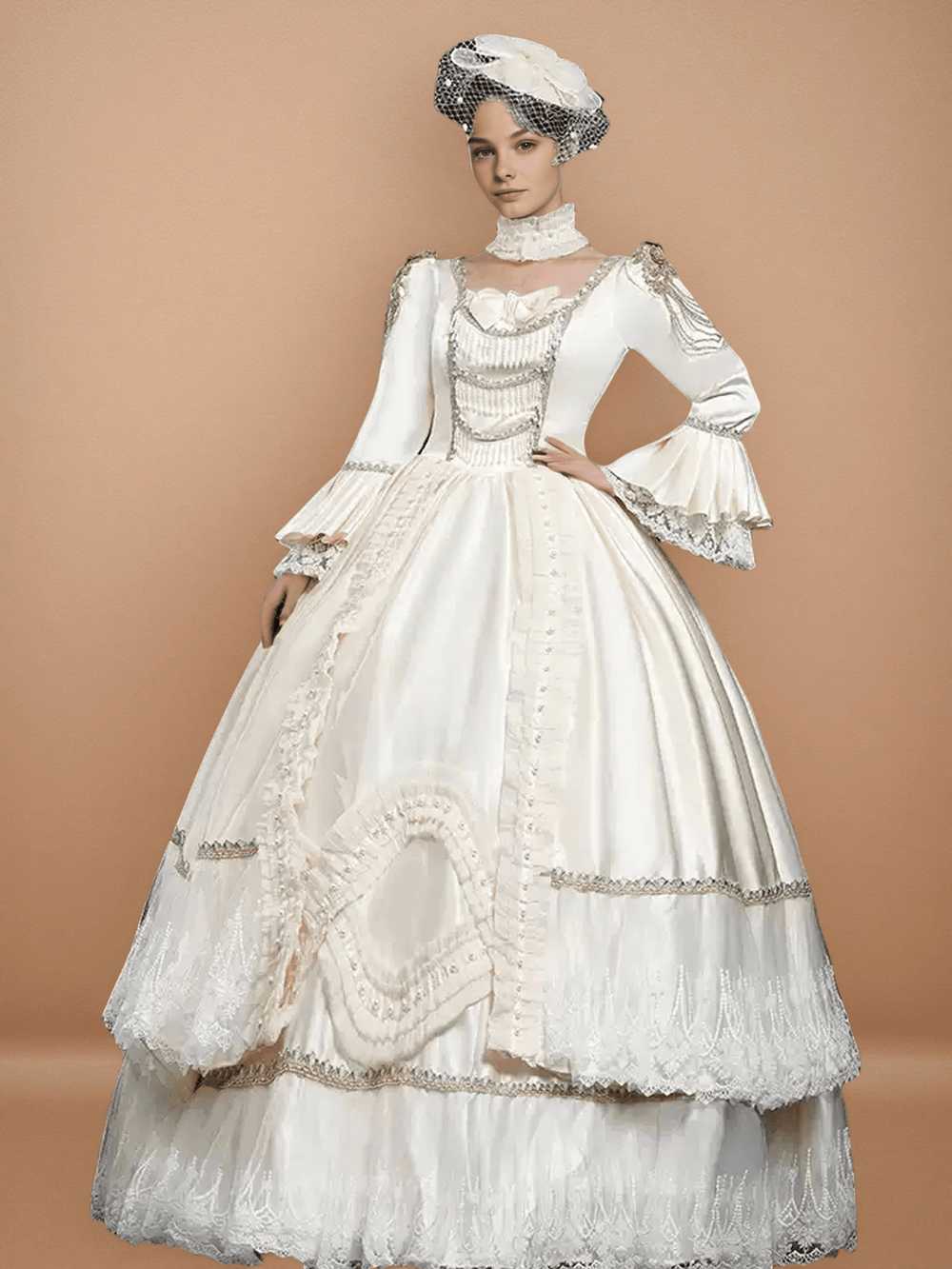 Ivory Rococo Ball Gown with Lace Ruffles – Long Sleeve Court Dress with Pearled Bodice and Tiered Skirt - WonderlandByLilian