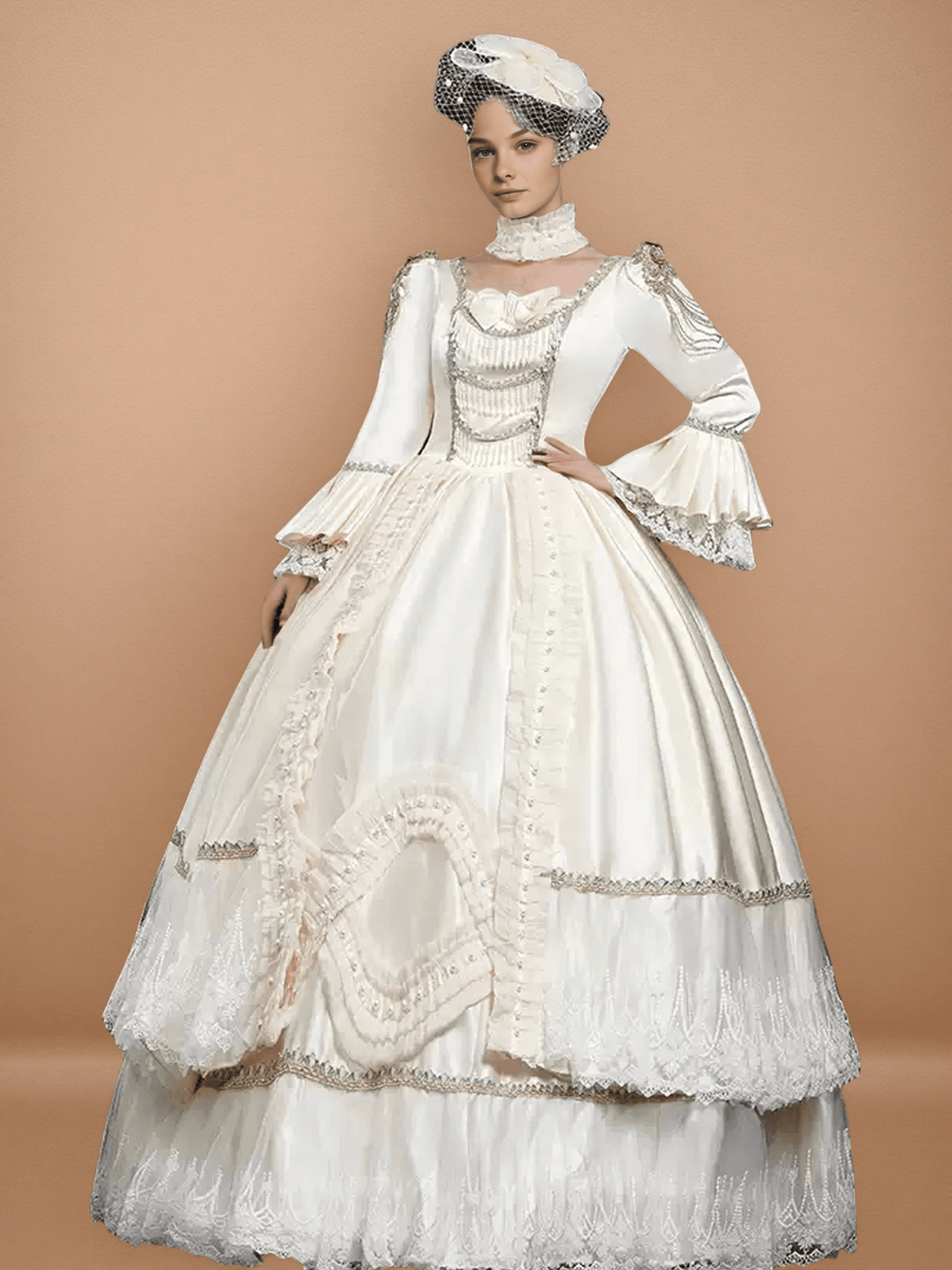 Ivory Rococo Ball Gown with Lace Ruffles – Long Sleeve Court Dress with Pearled Bodice and Tiered Skirt - WonderlandByLilian