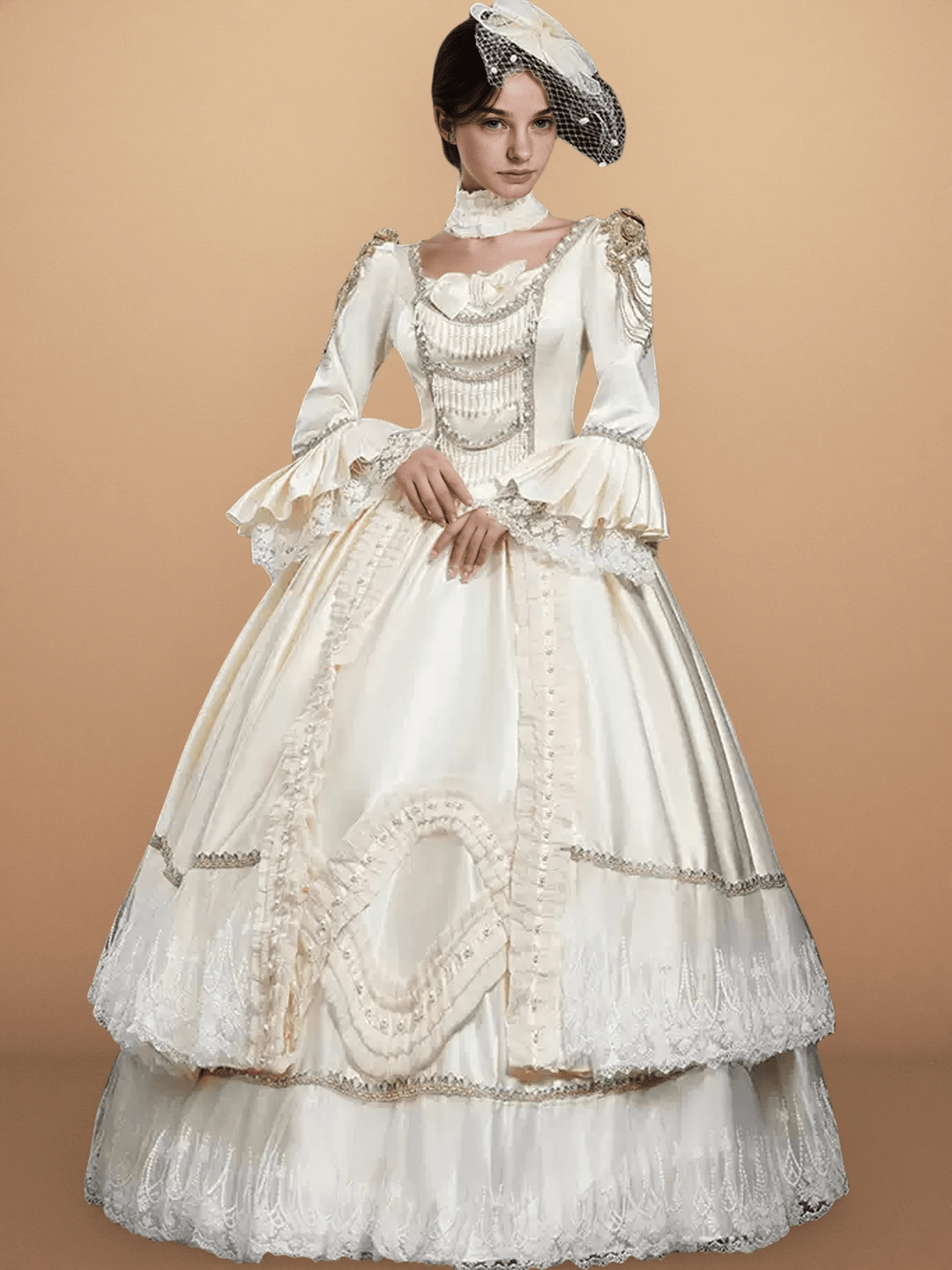 Ivory Rococo Ball Gown with Lace Ruffles – Long Sleeve Court Dress with Pearled Bodice and Tiered Skirt - WonderlandByLilian