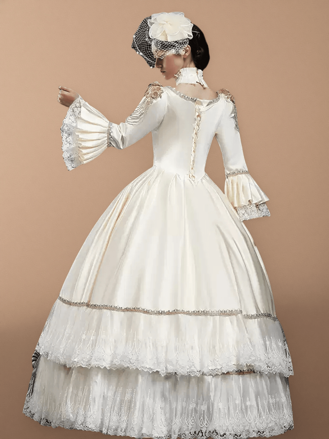 Ivory Rococo Ball Gown with Lace Ruffles – Long Sleeve Court Dress with Pearled Bodice and Tiered Skirt - WonderlandByLilian