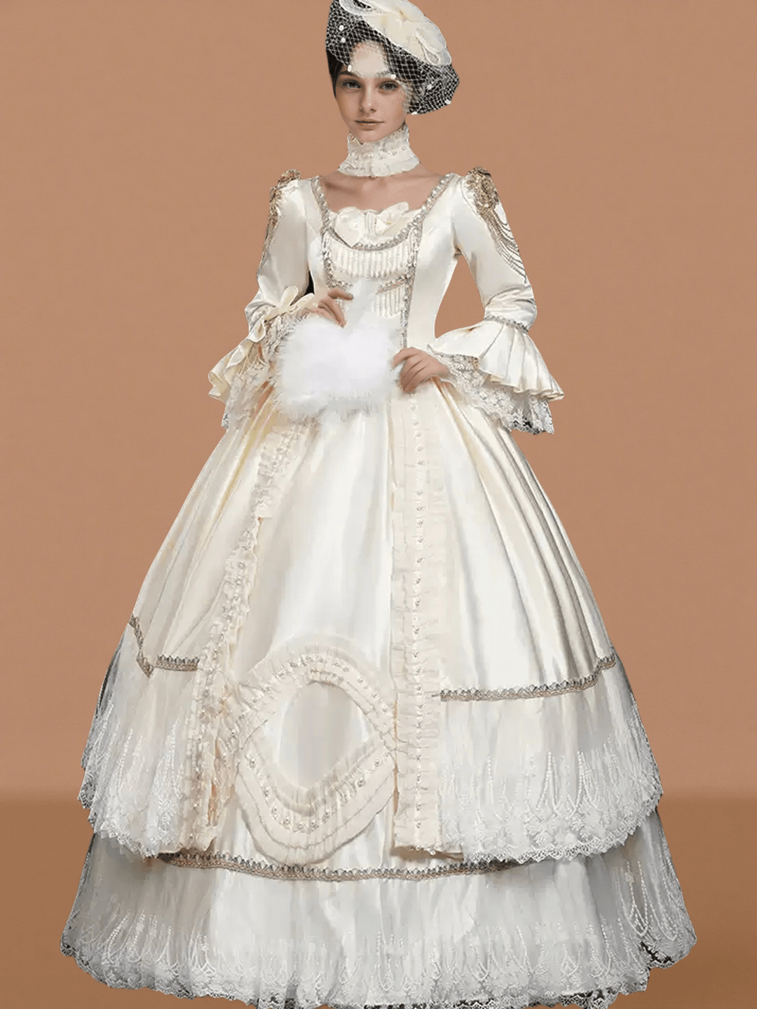 Ivory Rococo Ball Gown with Lace Ruffles – Long Sleeve Court Dress with Pearled Bodice and Tiered Skirt - WonderlandByLilian