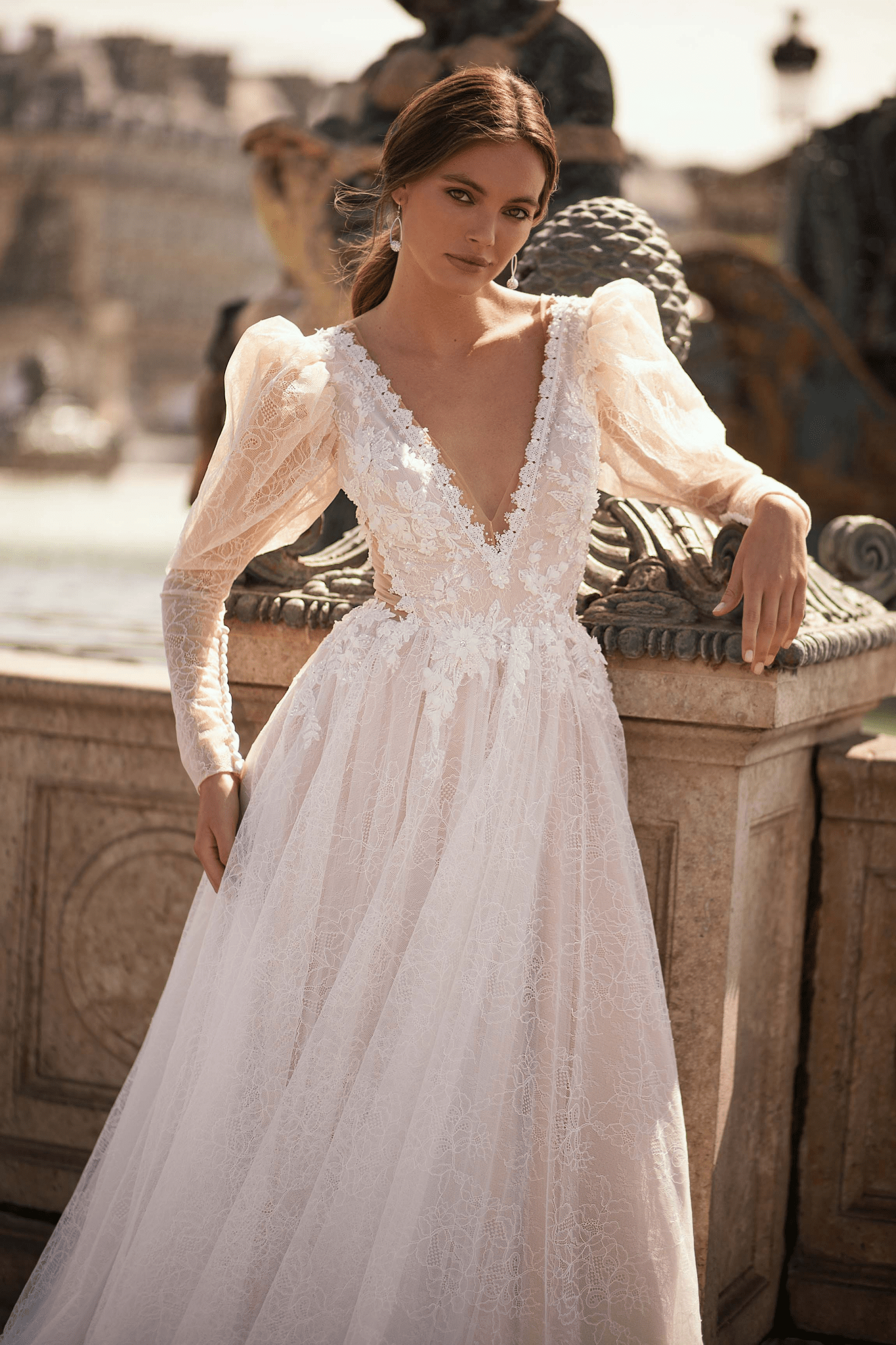 Ivory Romantic Lace Low Back Wedding Dress - Long Sleeve Wedding Dress with Corset and Flared Sleeves Plus Size - WonderlandByLilian
