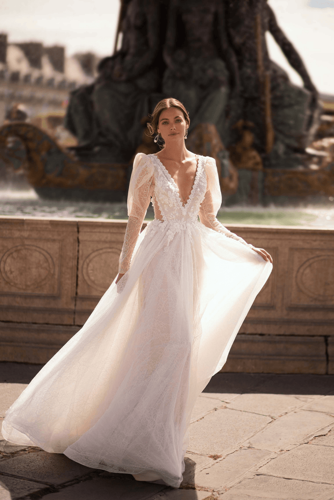 Ivory Romantic Lace Low Back Wedding Dress - Long Sleeve Wedding Dress with Corset and Flared Sleeves Plus Size Size 20W