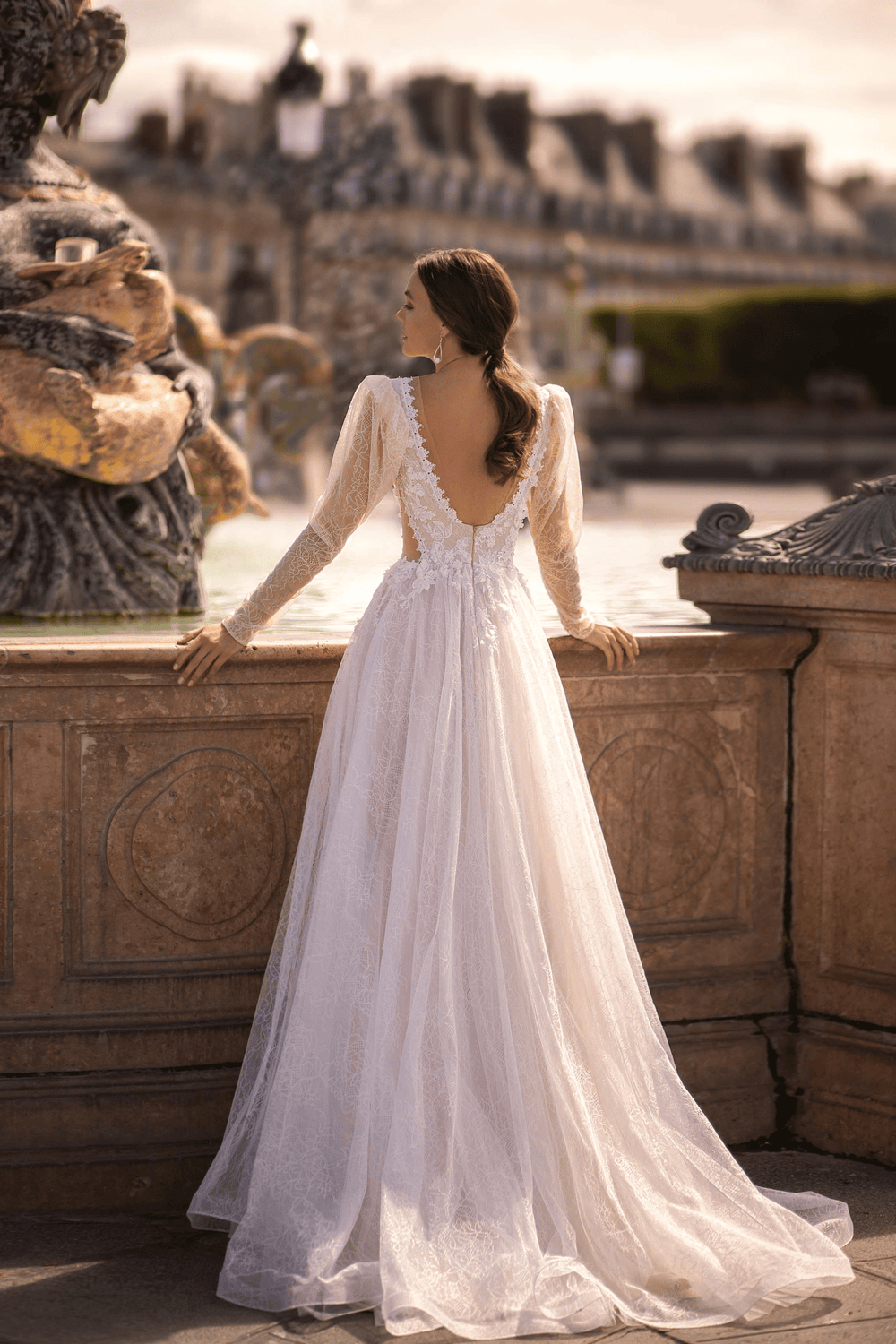 Ivory Romantic Lace Low Back Wedding Dress - Long Sleeve Wedding Dress with Corset and Flared Sleeves Plus Size - WonderlandByLilian