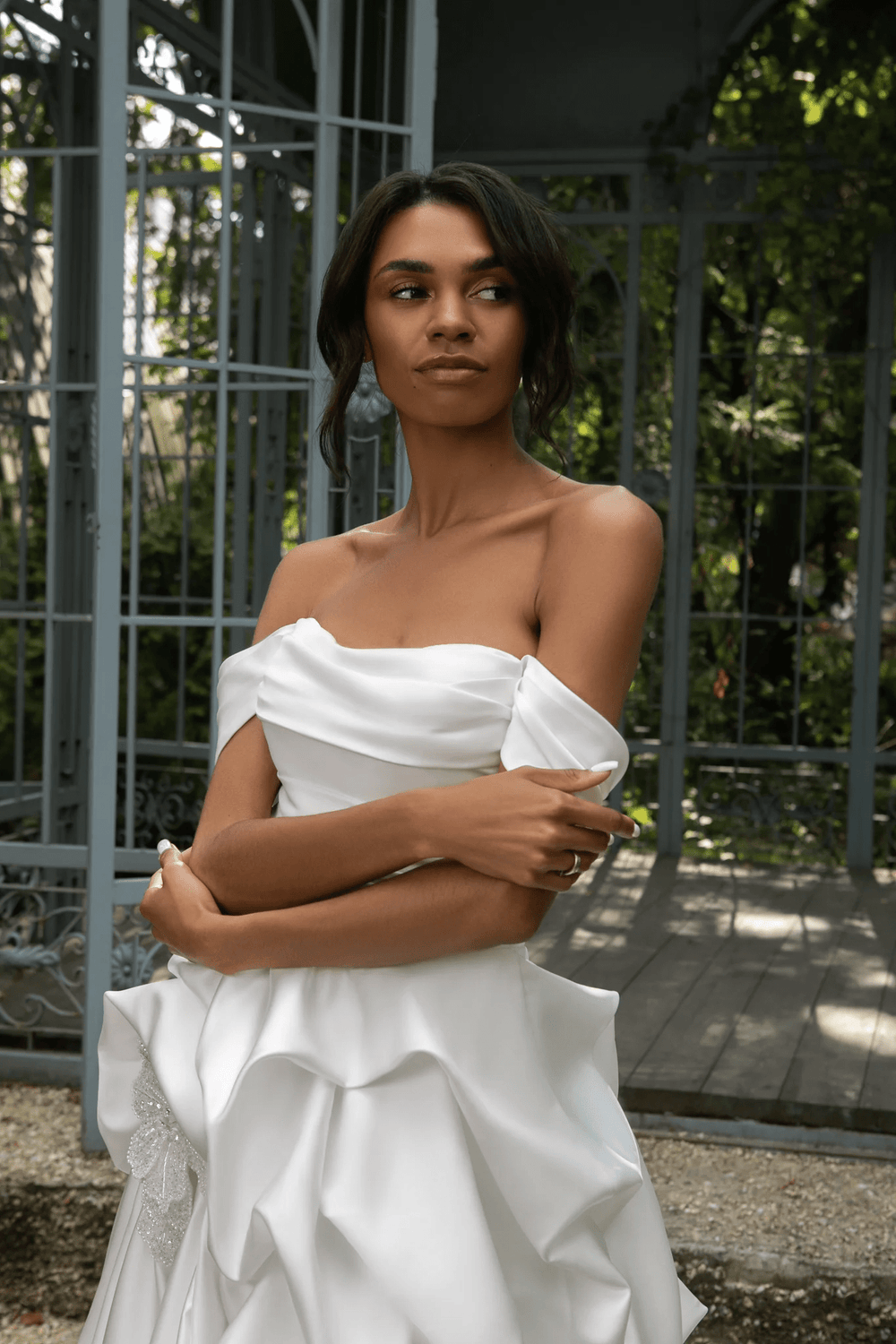 Ivory Satin Ball Gown with Royal Train – Off - the - Shoulder Wedding Dress with Corset and Removable Floral Accent Plus Size - Marabella - WonderlandByLilian