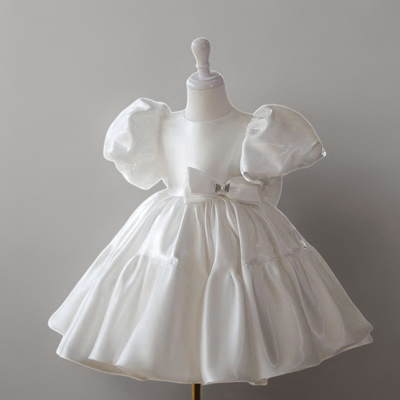 Ivory Satin Puff Sleeve Flower Girl Dress – Plus Size - WonderlandByLilian