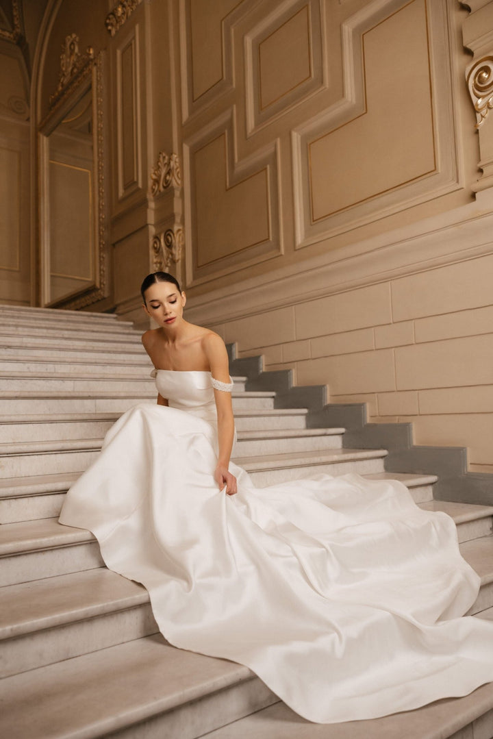 Ivory Satin Wedding Dress with Removable Train - Sleeveless Mermaid Wedding Dress with Pearl Straps Plus Size - ZOWIE - WonderlandByLilian