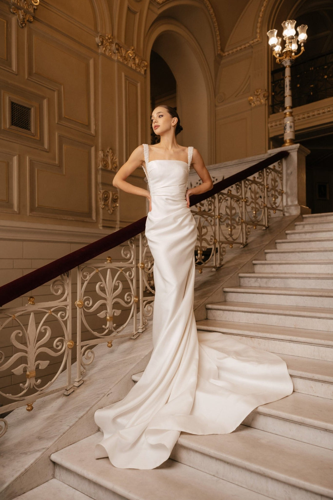 Ivory Satin Wedding Dress with Removable Train - Sleeveless Mermaid Wedding Dress with Pearl Straps Plus Size - ZOWIE - WonderlandByLilian