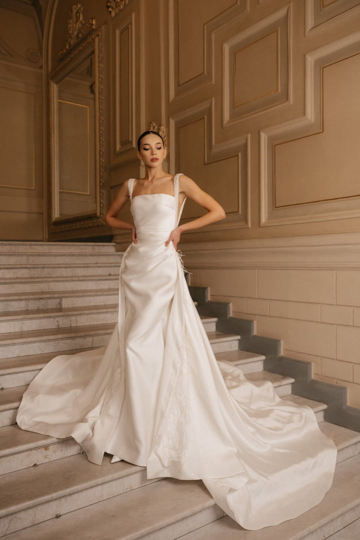 Ivory Satin Wedding Dress with Removable Train - Sleeveless Mermaid Wedding Dress with Pearl Straps Plus Size - ZOWIE - WonderlandByLilian