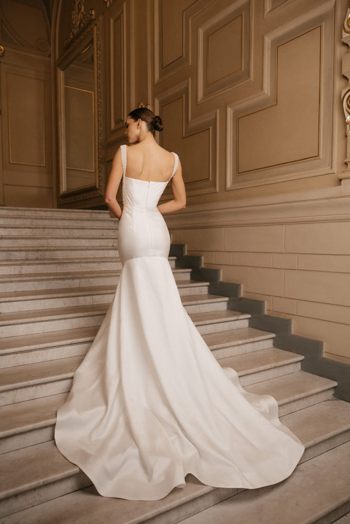Ivory Satin Wedding Dress with Removable Train - Sleeveless Mermaid Wedding Dress with Pearl Straps Plus Size - ZOWIE - WonderlandByLilian