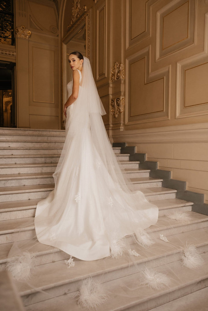 Ivory Satin Wedding Dress with Removable Train - Sleeveless Mermaid Wedding Dress with Pearl Straps Plus Size - ZOWIE - WonderlandByLilian