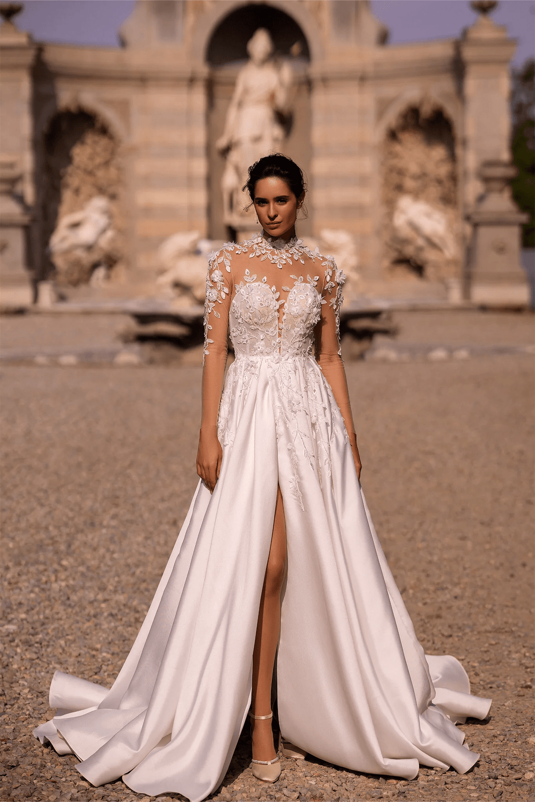 Ivory Satin Wedding Dress with Thigh Slit and V - Neck – Floral Embroidered Wedding Gown with Floral Long Sleeves Plus Size - WonderlandByLilian