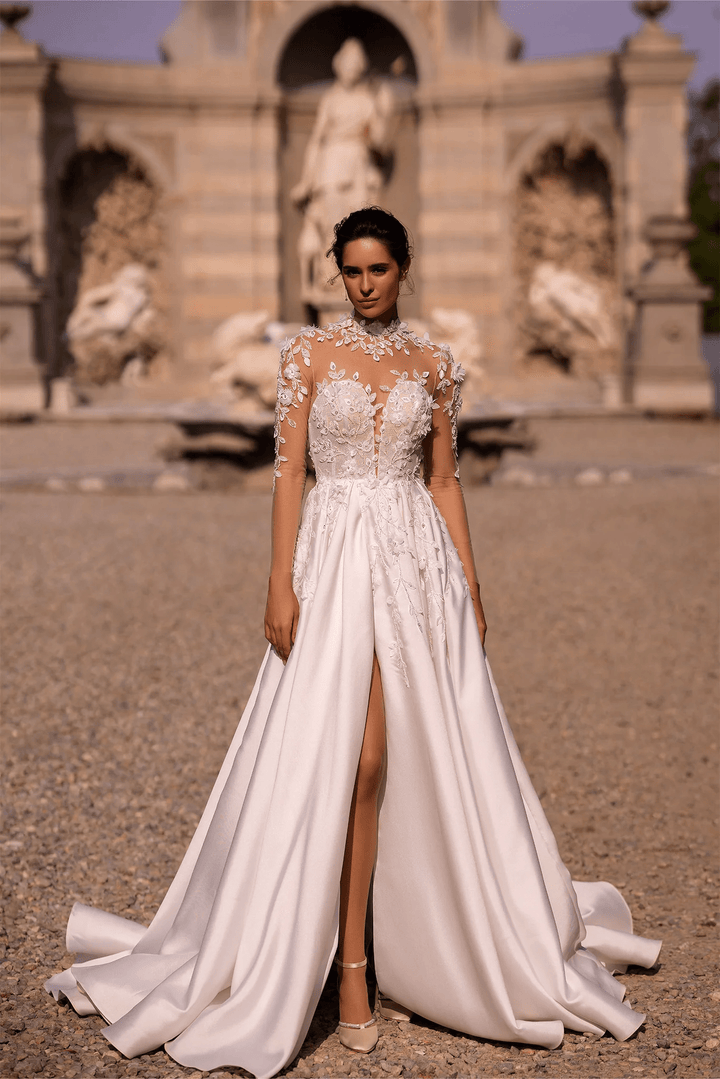 Ivory Satin Wedding Dress with Thigh Slit and V - Neck – Floral Embroidered Wedding Gown with Floral Long Sleeves Plus Size - WonderlandByLilian