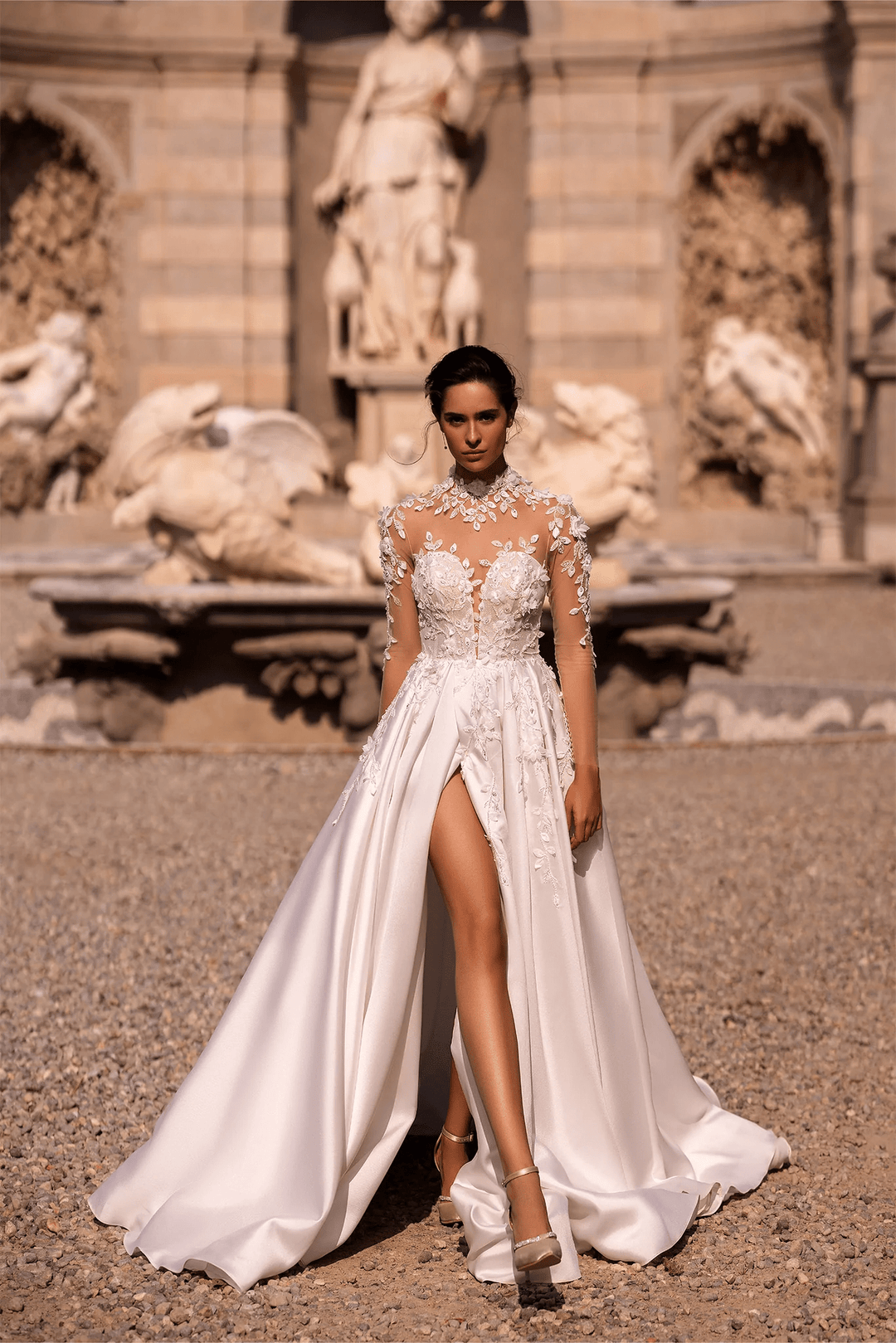Ivory Satin Wedding Dress with Thigh Slit and V - Neck – Floral Embroidered Wedding Gown with Floral Long Sleeves Plus Size - WonderlandByLilian