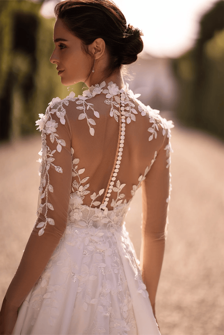Ivory Satin Wedding Dress with Thigh Slit and V - Neck – Floral Embroidered Wedding Gown with Floral Long Sleeves Plus Size - WonderlandByLilian