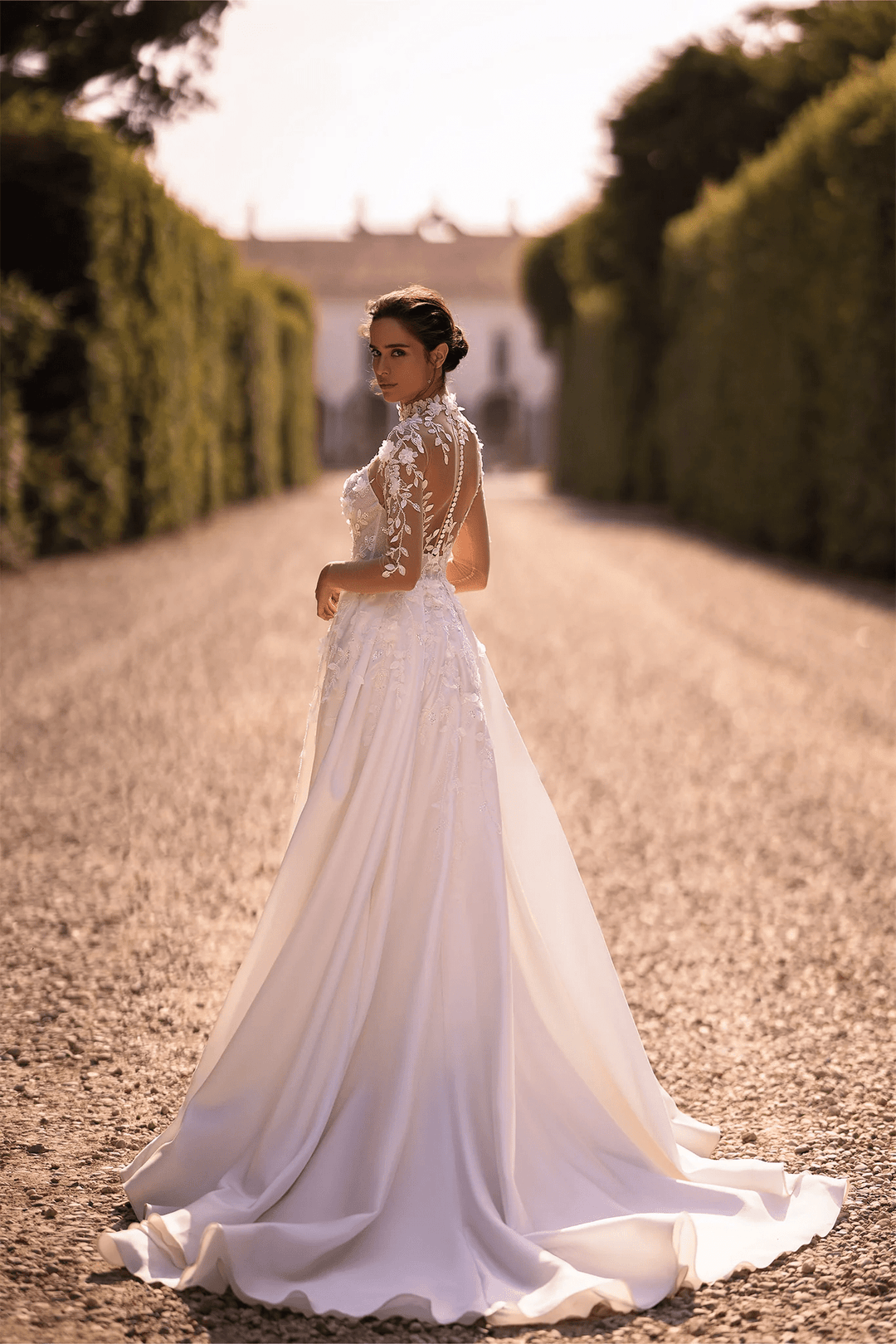 Ivory Satin Wedding Dress with Thigh Slit and V - Neck – Floral Embroidered Wedding Gown with Floral Long Sleeves Plus Size - WonderlandByLilian