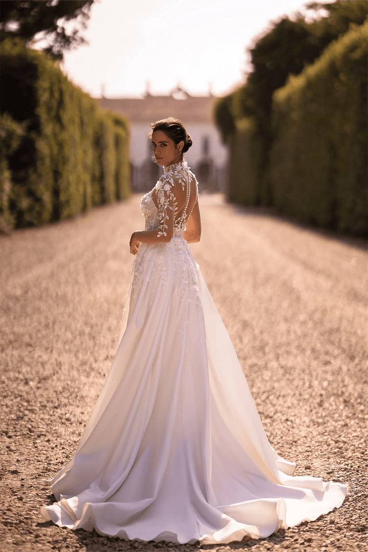 Ivory Satin Wedding Dress with Thigh Slit and V - Neck – Floral Embroidered Wedding Gown with Floral Long Sleeves Plus Size - WonderlandByLilian