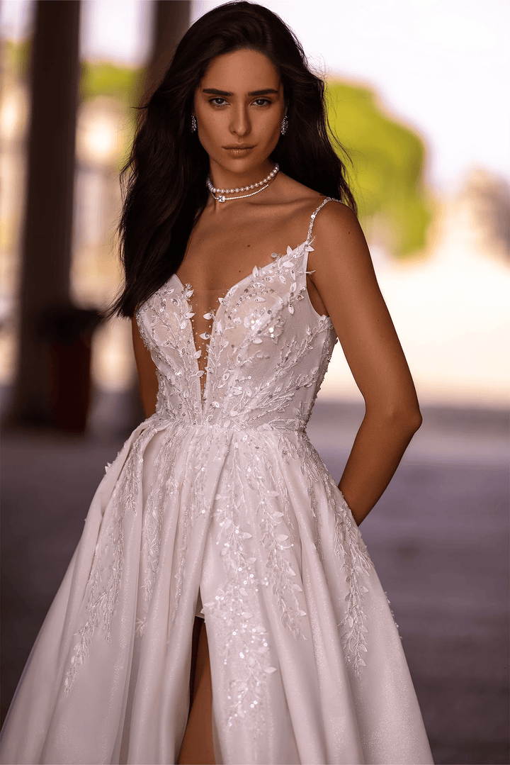 Ivory Satin Wedding Dress with V - Neck and High Thigh Slit – Spaghetti Strap Wedding Gown with Sparkling Detailing Plus Size - WonderlandByLilian