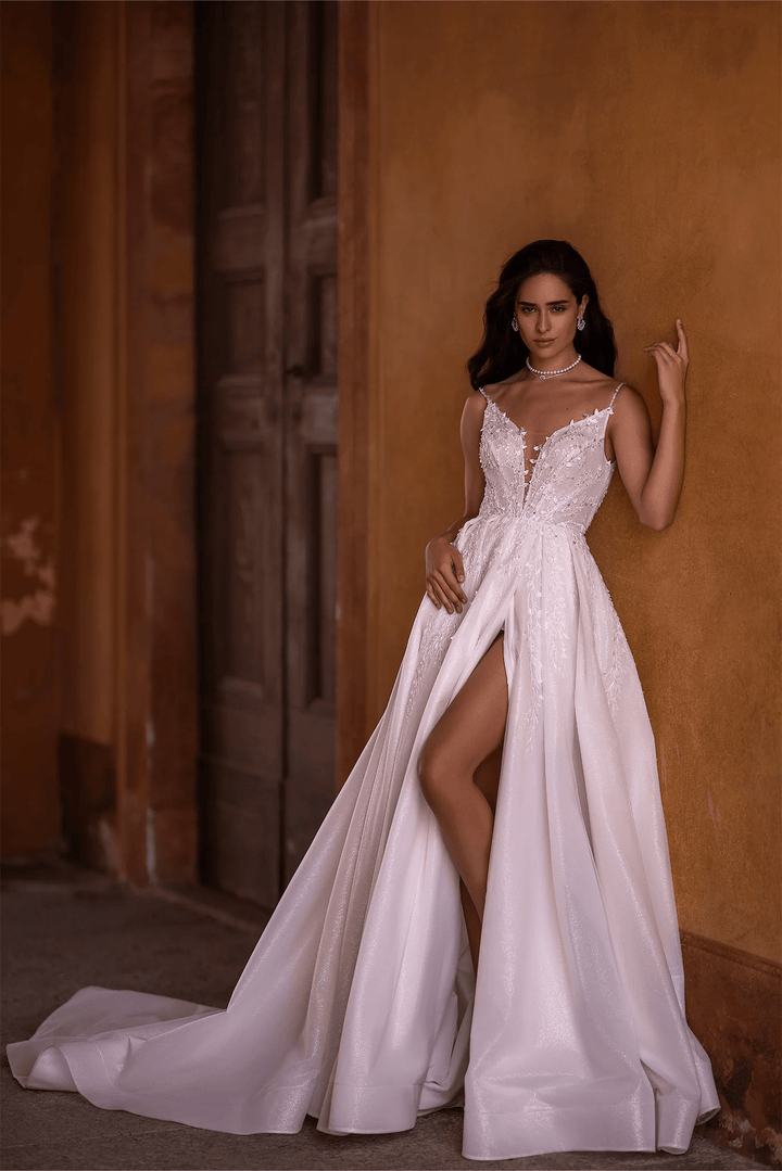 Ivory Satin Wedding Dress with V - Neck and High Thigh Slit – Spaghetti Strap Wedding Gown with Sparkling Detailing Plus Size - WonderlandByLilian