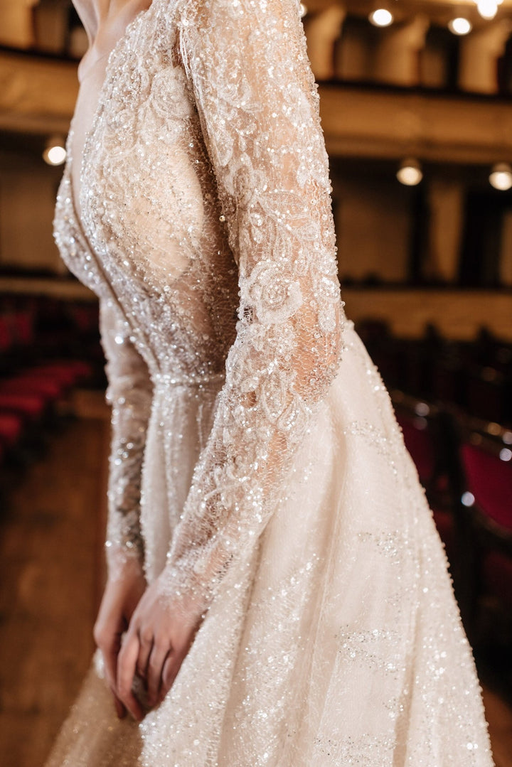 Ivory Sequin Wedding Dress with Long Lace Sleeves – A - Line Wedding Dress with Plunging Neckline Plus Size – VITTORIA - WonderlandByLilian