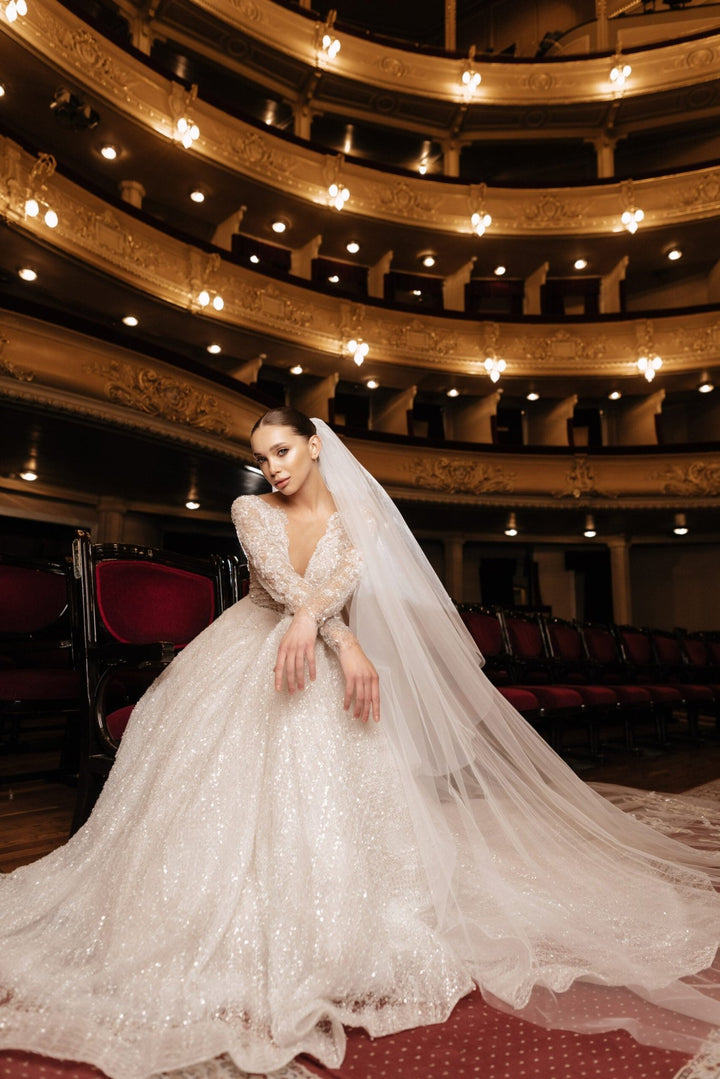 Ivory Sequin Wedding Dress with Long Lace Sleeves – A - Line Wedding Dress with Plunging Neckline Plus Size – VITTORIA - WonderlandByLilian