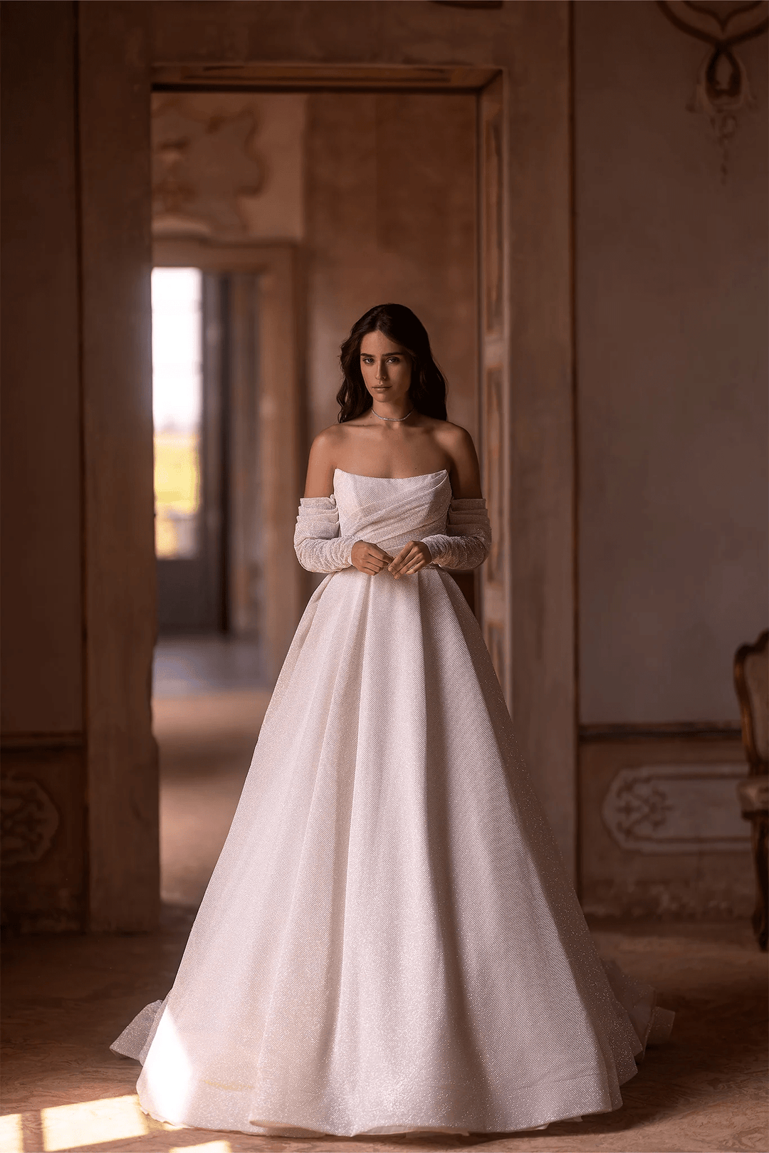 Ivory Sequin Wedding Dress with Off - the - Shoulder Sleeves – Sheer Sleeve Wedding Gown with Flowing Train Plus Size - WonderlandByLilian