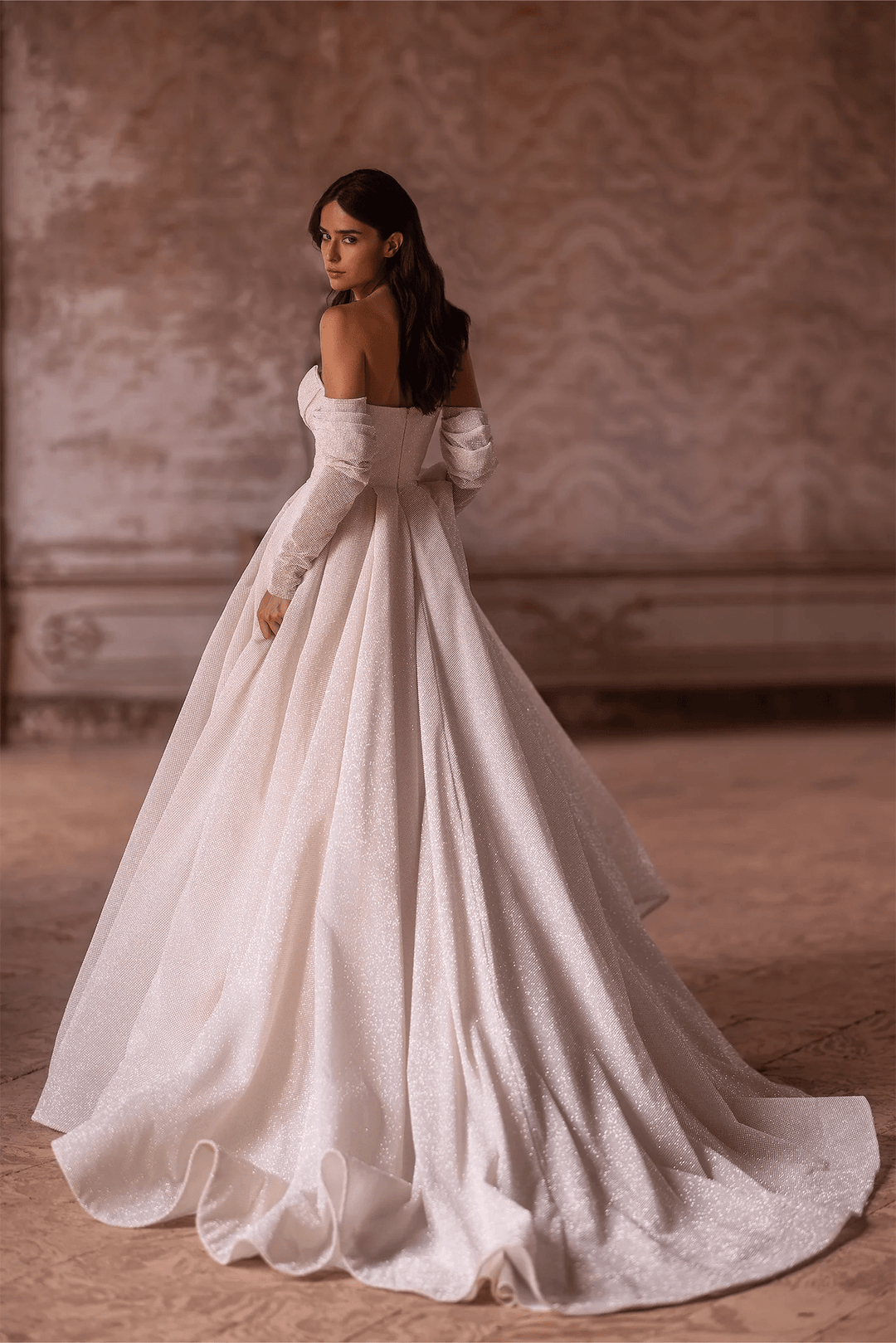 Ivory Sequin Wedding Dress with Off - the - Shoulder Sleeves – Sheer Sleeve Wedding Gown with Flowing Train Plus Size - WonderlandByLilian