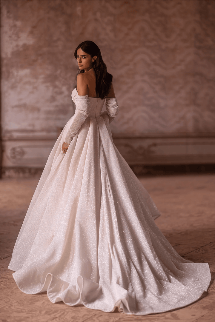 Ivory Sequin Wedding Dress with Off - the - Shoulder Sleeves – Sheer Sleeve Wedding Gown with Flowing Train Plus Size - WonderlandByLilian