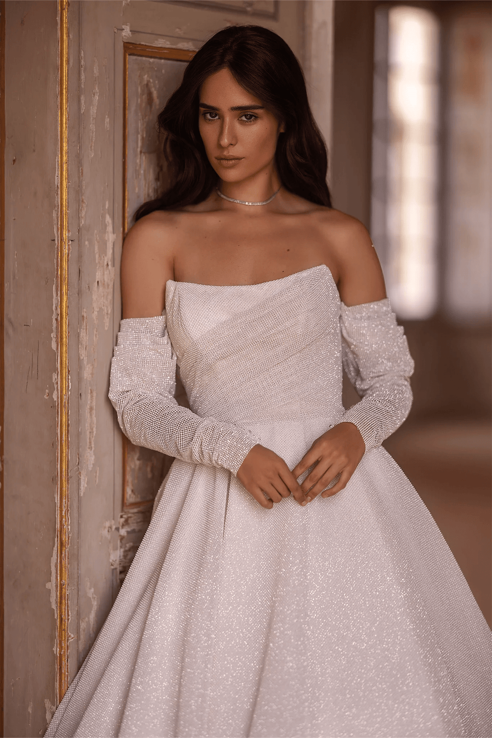 Ivory Sequin Wedding Dress with Off - the - Shoulder Sleeves – Sheer Sleeve Wedding Gown with Flowing Train Plus Size - WonderlandByLilian