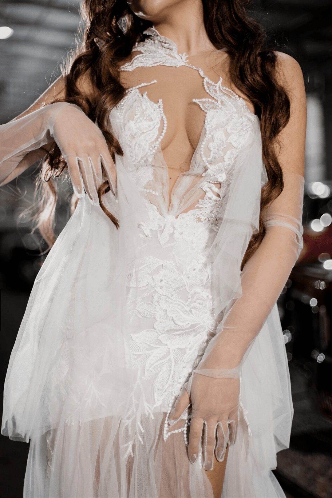 Ivory Sexy Summer Wedding Dress and Floral Applique Dress - Tulle Wedding Dress with V - Neck and High Slit Plus Size - MONROE - WonderlandByLilian