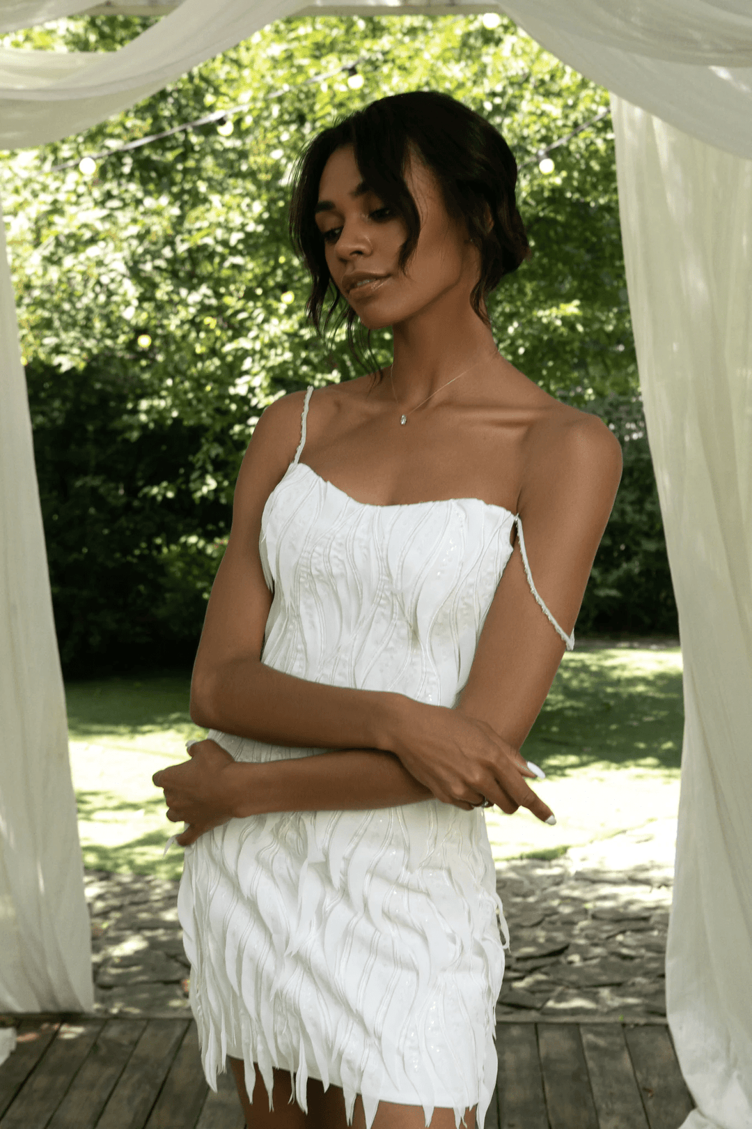 Ivory Short Bridal Wedding Dress with Feather - Like Detailing – Spaghetti Strap Wedding Dress with Zipper Closure Plus Size - Marilyn - WonderlandByLilian