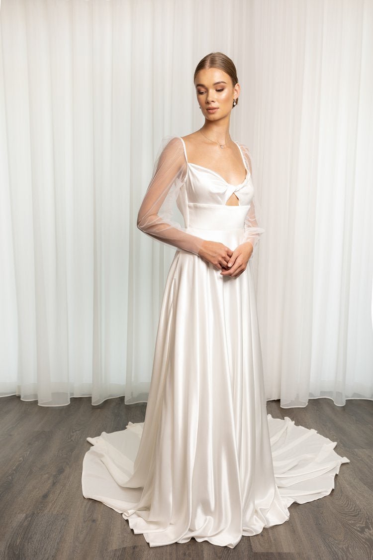 Ivory Silky Satin A-Line Wedding Gown with Sheer Long Sleeves Plus Size - LAUREL - WonderlandByLilian