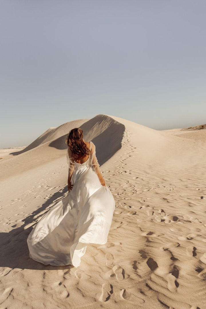 Ivory Silky Satin A-Line Wedding Gown with Sheer Long Sleeves Plus Size - LAUREL - WonderlandByLilian