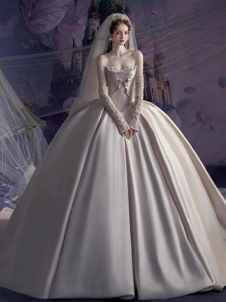 Ivory Simple Satin Wedding Dress with Corset Bodice - Strapless Wedding Ball Gown with Bow and Lace Plus Size - WonderlandByLilian