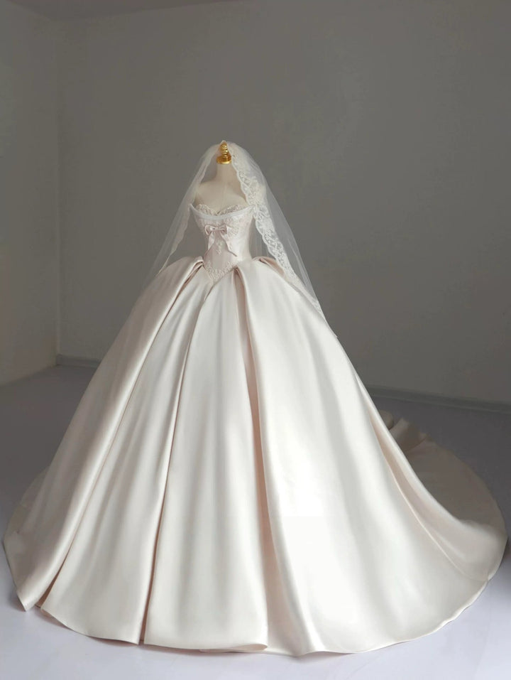 Ivory Simple Satin Wedding Dress with Corset Bodice - Strapless Wedding Ball Gown with Bow and Lace Plus Size - WonderlandByLilian