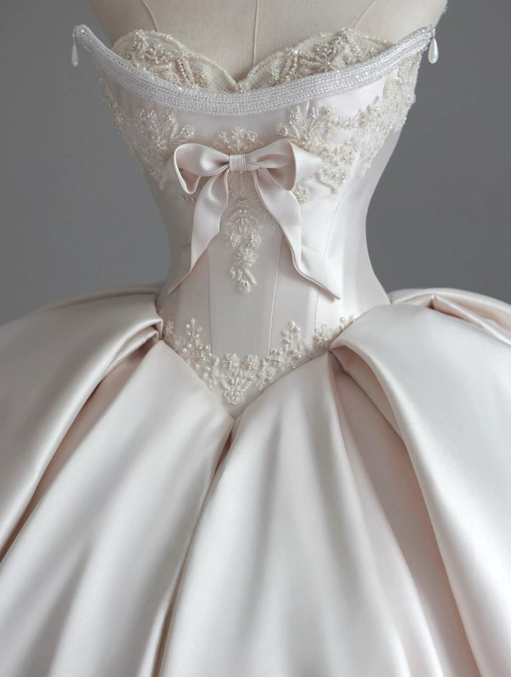 Ivory Simple Satin Wedding Dress with Corset Bodice - Strapless Wedding Ball Gown with Bow and Lace Plus Size - WonderlandByLilian