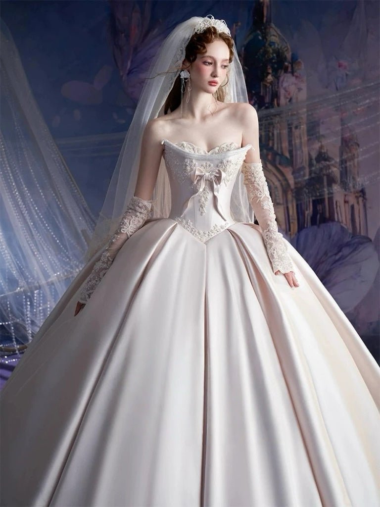 Ivory Simple Satin Wedding Dress with Corset Bodice - Strapless Wedding Ball Gown with Bow and Lace Plus Size - WonderlandByLilian