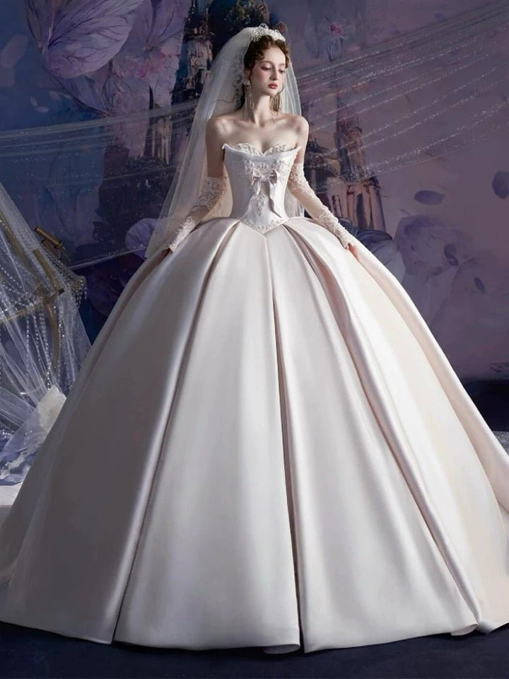 Ivory Simple Satin Wedding Dress with Corset Bodice - Strapless Wedding Ball Gown with Bow and Lace Plus Size - WonderlandByLilian
