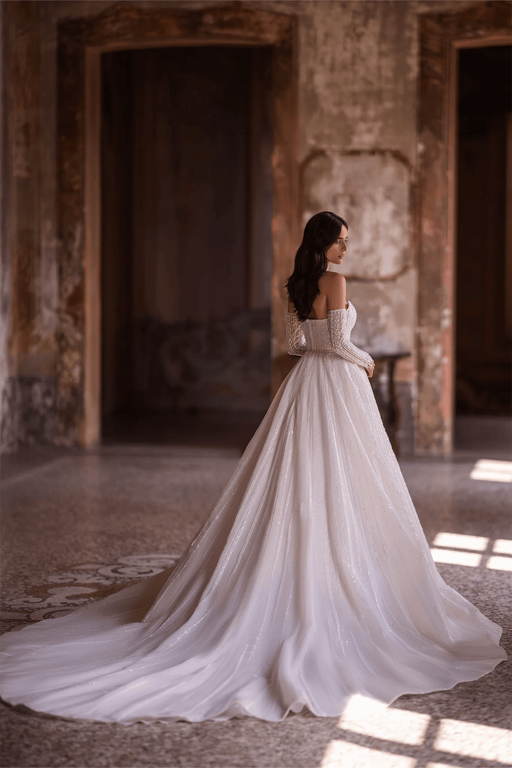 Ivory Sparkly Ball Gown Wedding Dress with Convertible Sleeves – Strapless Wedding Gown with Pearly Adornments and Glittering Sleeves Plus Size - WonderlandByLilian