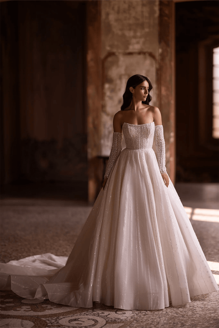 Ivory Sparkly Ball Gown Wedding Dress with Convertible Sleeves – Strapless Wedding Gown with Pearly Adornments and Glittering Sleeves Plus Size - WonderlandByLilian