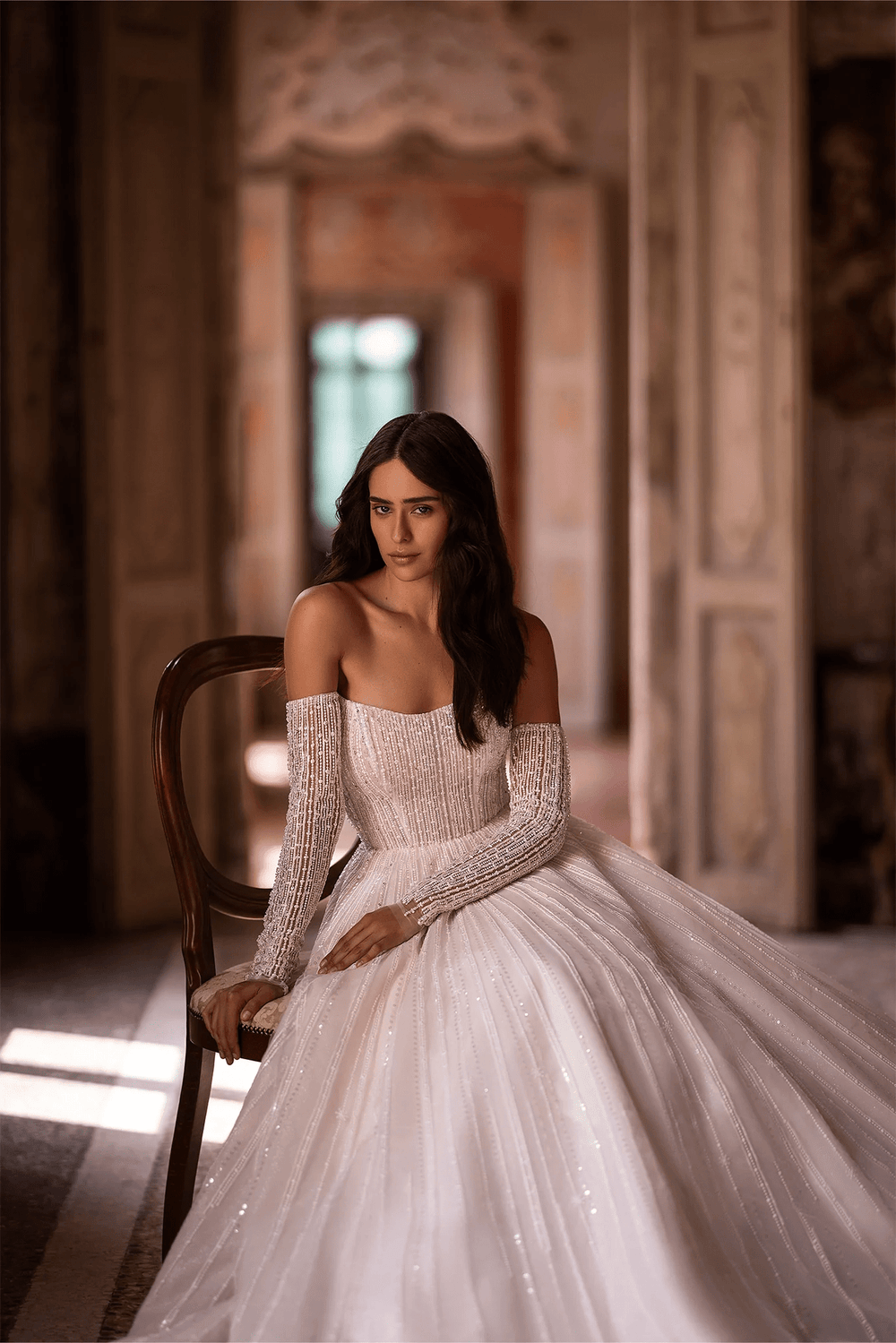 Ivory Sparkly Ball Gown Wedding Dress with Convertible Sleeves – Strapless Wedding Gown with Pearly Adornments and Glittering Sleeves Plus Size - WonderlandByLilian