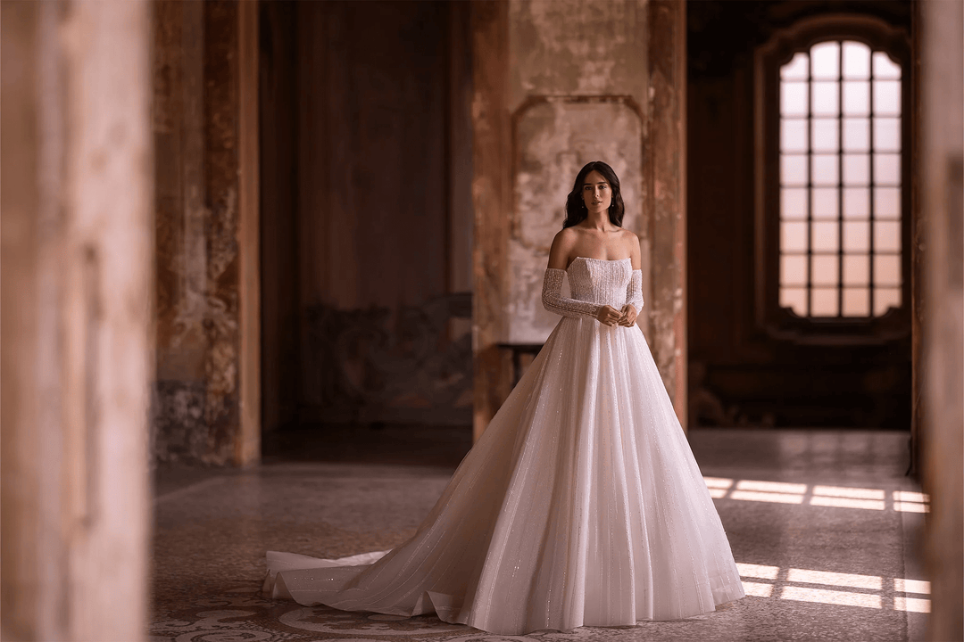 Ivory Sparkly Ball Gown Wedding Dress with Convertible Sleeves – Strapless Wedding Gown with Pearly Adornments and Glittering Sleeves Plus Size - WonderlandByLilian