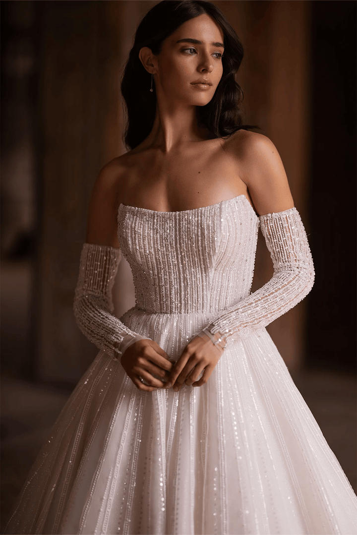 Ivory Sparkly Ball Gown Wedding Dress with Convertible Sleeves – Strapless Wedding Gown with Pearly Adornments and Glittering Sleeves Plus Size - WonderlandByLilian