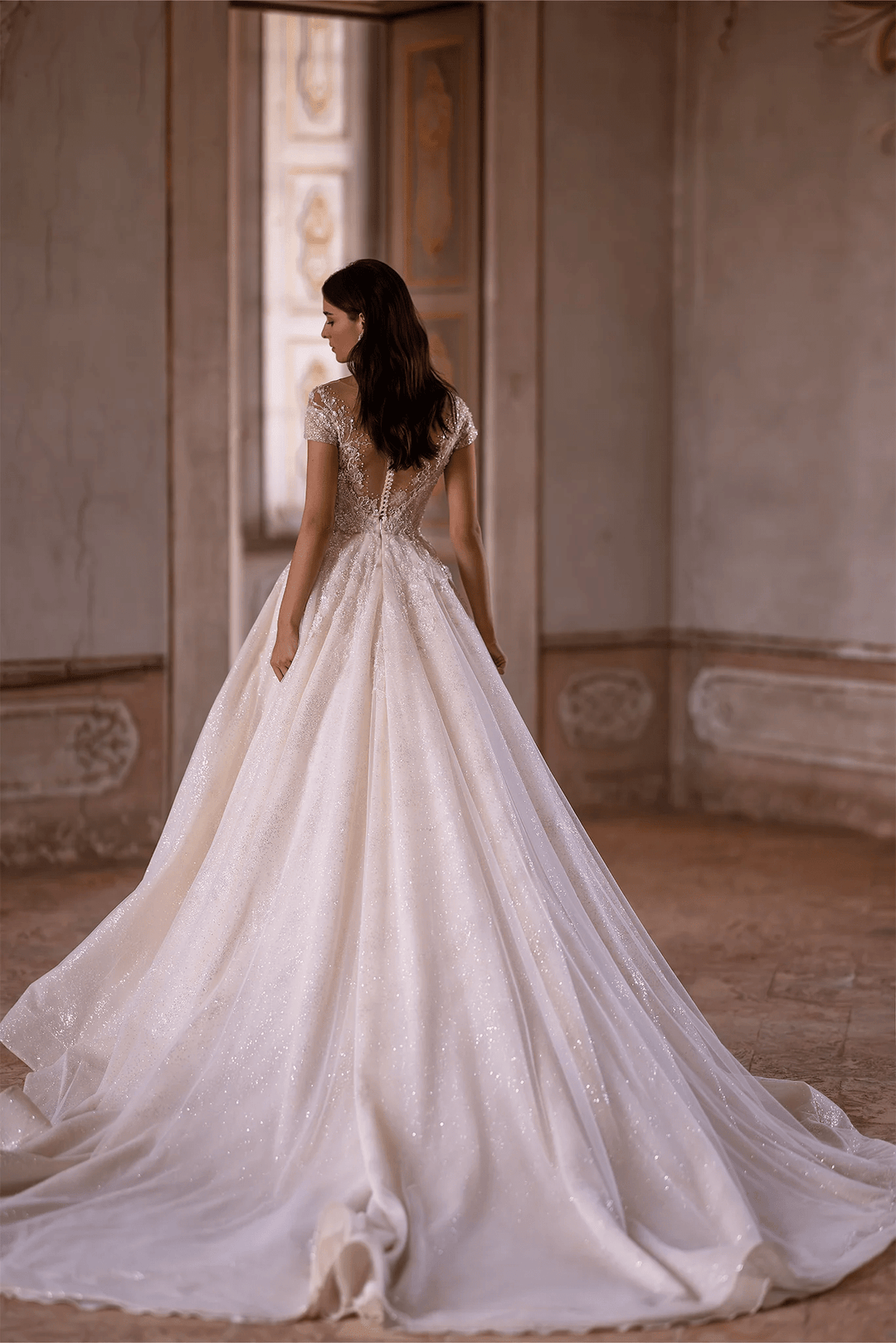 Ivory Sparkly Ball Gown Wedding Dress with Embellishments – Off - Shoulder Wedding Gown with Illusion Back and Jeweled Sleeves Plus Size - WonderlandByLilian