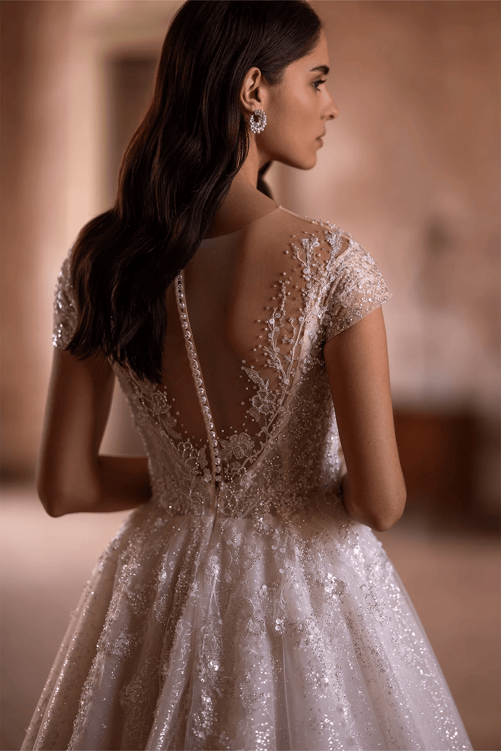 Ivory Sparkly Ball Gown Wedding Dress with Embellishments – Off - Shoulder Wedding Gown with Illusion Back and Jeweled Sleeves Plus Size - WonderlandByLilian
