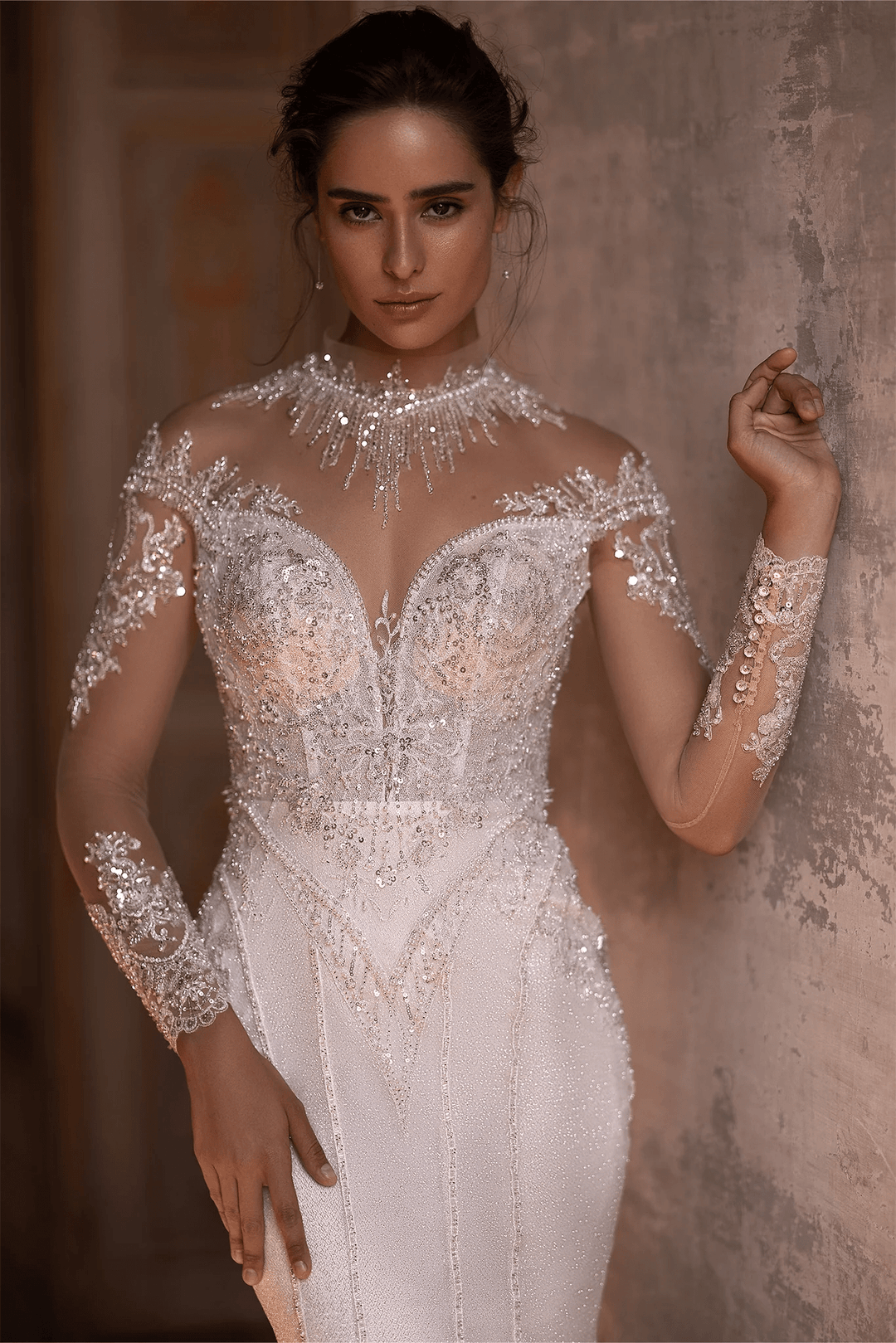 Ivory Sparkly Ball Gown Wedding Dress with Long Sleeves and Convertible Train - Embellished Mermaid Gown with Motif Details Plus Size - WonderlandByLilian